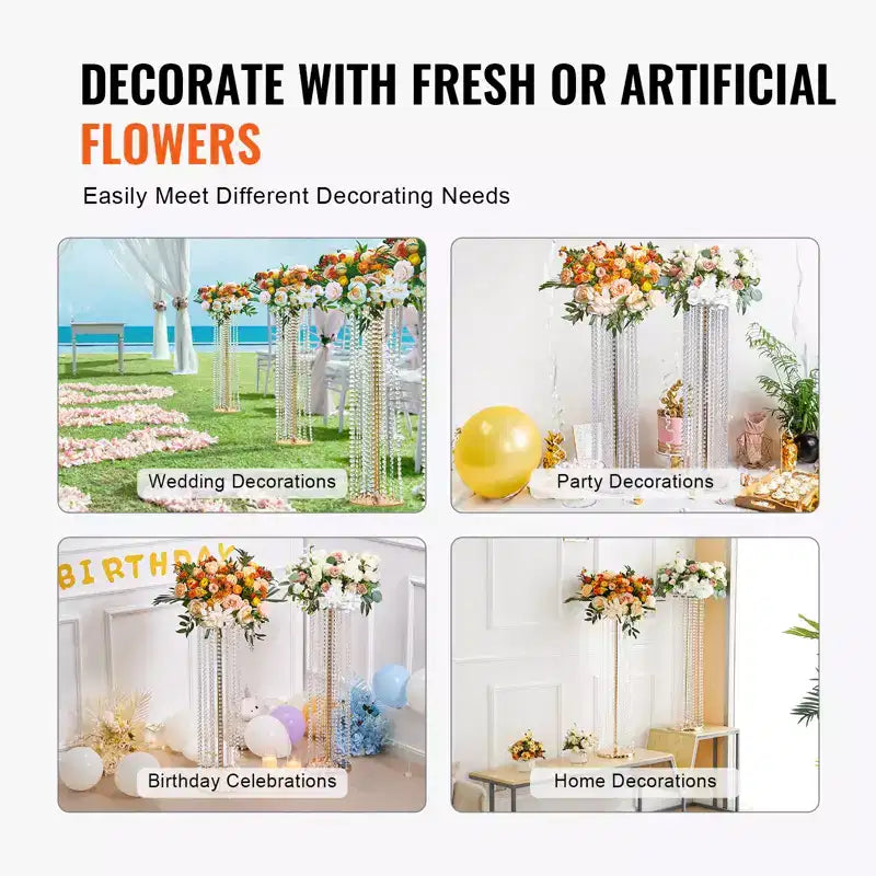 VEVOR 10PCS 35.43inchTall Crystal Wedding Flowers Stand,Luxurious Centerpieces Flower Vases Crystal Gold Vase Metal,Perfect for T-stage Wedding Party