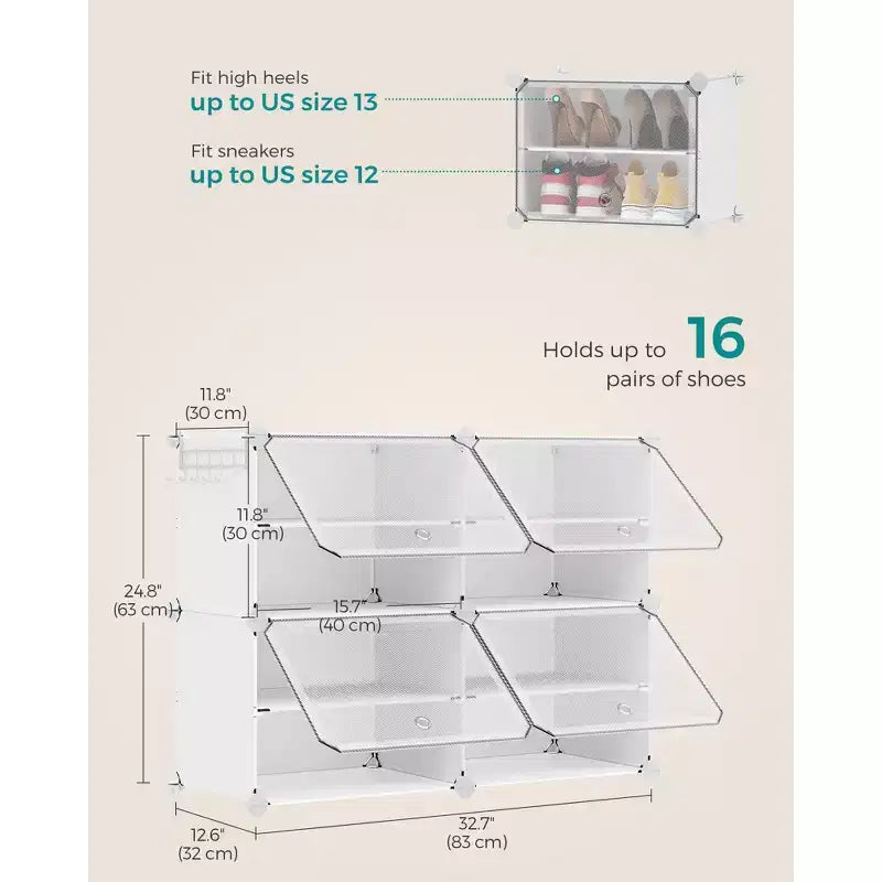 4-Tier Adjustable Shoe Rack Organizer, Space-Saving Storage Cabinet Holds 16 Pairs, White