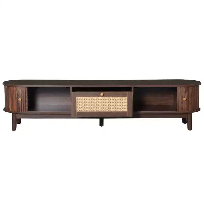 Modern 75 TV Stand with Rattan Drawer & Sliding Doors, Stylish Media Console Wood Entertainment Center with 2 Storage Cabinets, Dark Brown - HABITRIO