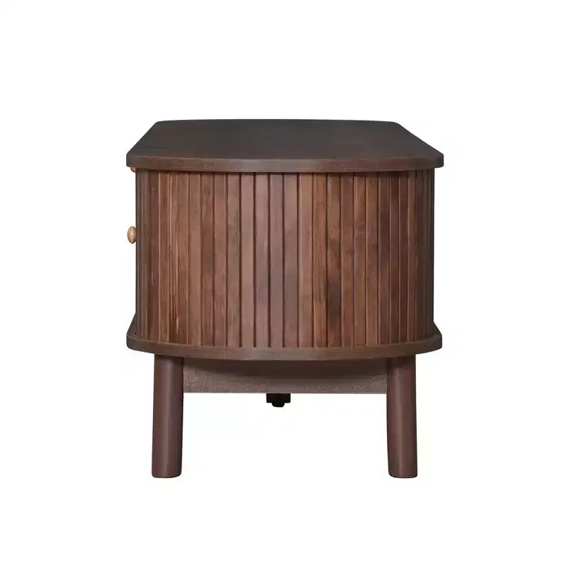 Modern 75 TV Stand with Rattan Drawer & Sliding Doors, Stylish Media Console Wood Entertainment Center with 2 Storage Cabinets, Dark Brown - HABITRIO