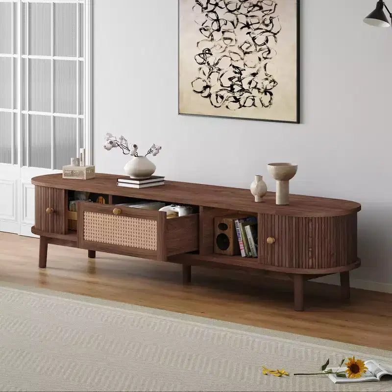 Modern 75 TV Stand with Rattan Drawer & Sliding Doors, Stylish Media Console Wood Entertainment Center with 2 Storage Cabinets, Dark Brown - HABITRIO