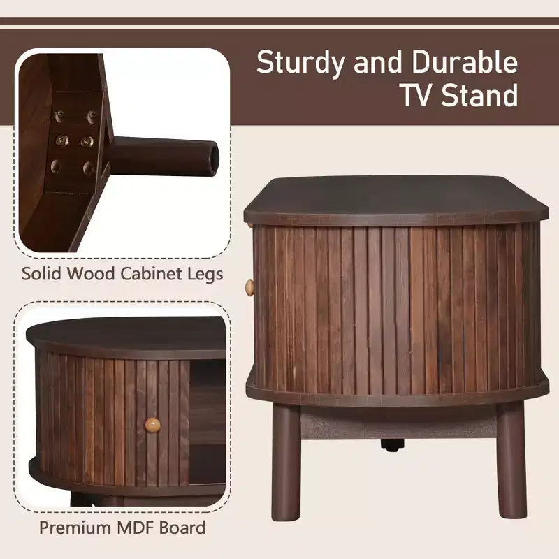 Modern 75 TV Stand with Rattan Drawer & Sliding Doors, Stylish Media Console Wood Entertainment Center with 2 Storage Cabinets, Dark Brown - HABITRIO