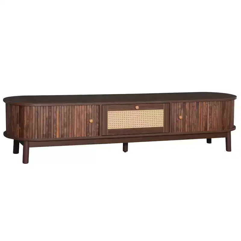 Modern 75 TV Stand with Rattan Drawer & Sliding Doors, Stylish Media Console Wood Entertainment Center with 2 Storage Cabinets, Dark Brown - HABITRIO