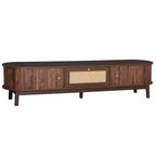 Modern 75 TV Stand with Rattan Drawer & Sliding Doors, Stylish Media Console Wood Entertainment Center with 2 Storage Cabinets, Dark Brown - HABITRIO