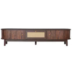 Modern 75 TV Stand with Rattan Drawer & Sliding Doors, Stylish Media Console Wood Entertainment Center with 2 Storage Cabinets, Dark Brown - HABITRIO