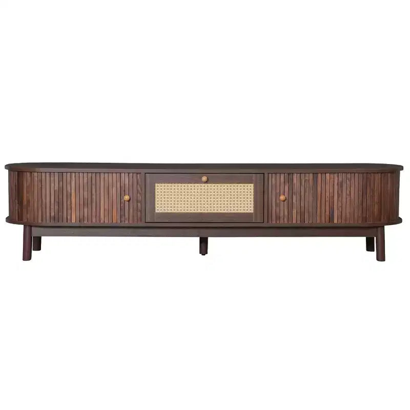 Modern 75 TV Stand with Rattan Drawer & Sliding Doors, Stylish Media Console Wood Entertainment Center with 2 Storage Cabinets, Dark Brown - HABITRIO