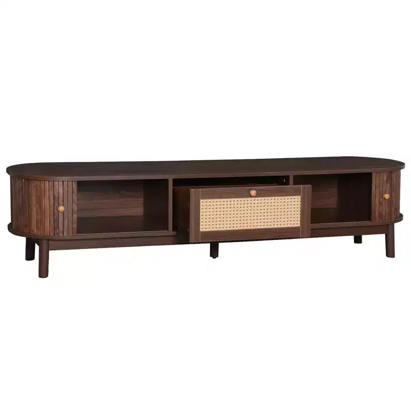 Modern 75 TV Stand with Rattan Drawer & Sliding Doors, Stylish Media Console Wood Entertainment Center with 2 Storage Cabinets, Dark Brown - HABITRIO