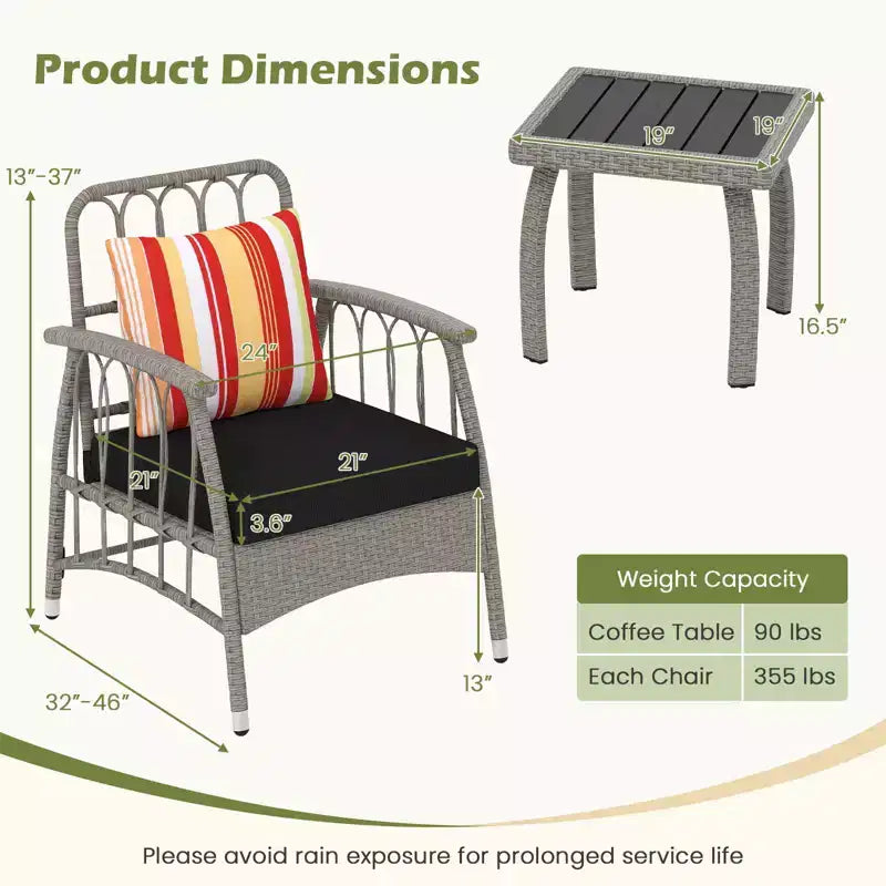 Costway 3 PCS Patio PE Wicker Furniture Set with 5-Level Adjustable Backrest Bistro Set