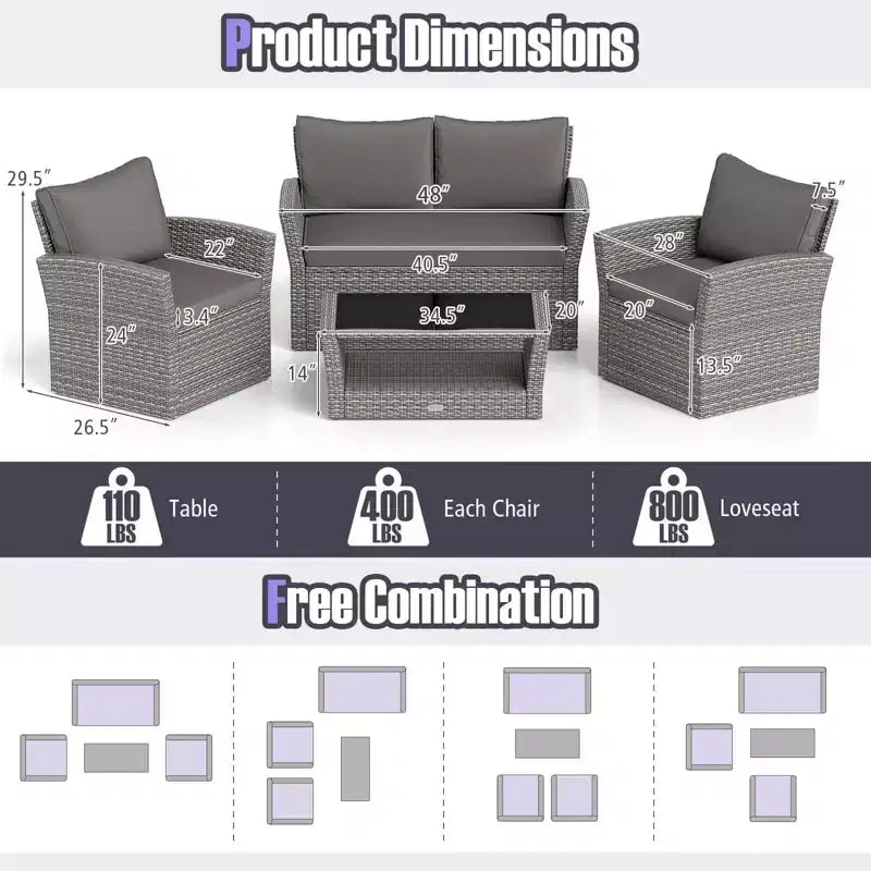 Costway 4 PCS Patio Furniture Set with 2 Rattan Chairs Loveseat Coffee Table Cushions Gray