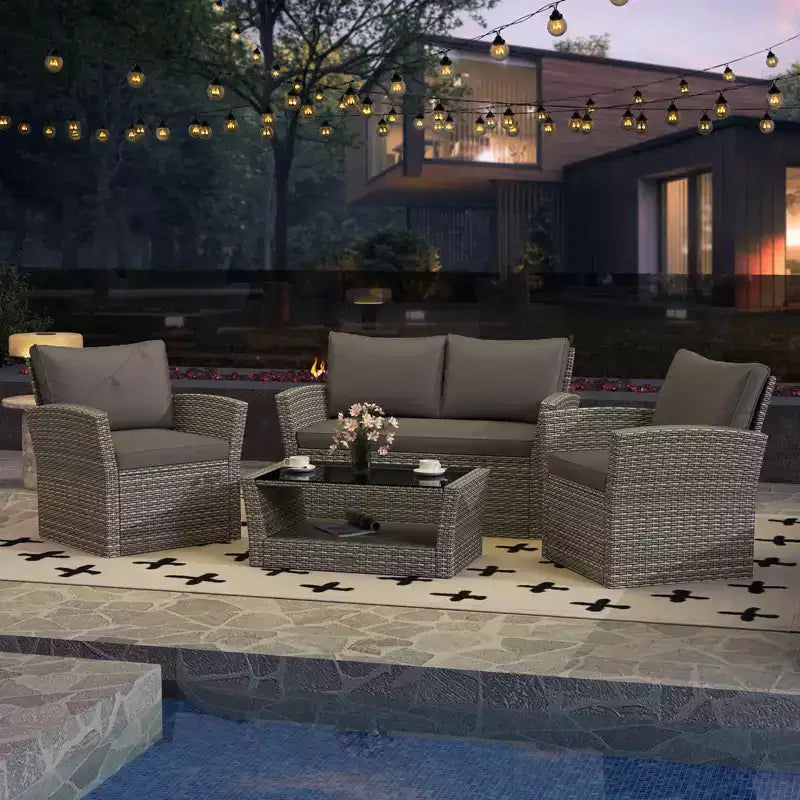 Costway 4 PCS Patio Furniture Set with 2 Rattan Chairs Loveseat Coffee Table Cushions Gray