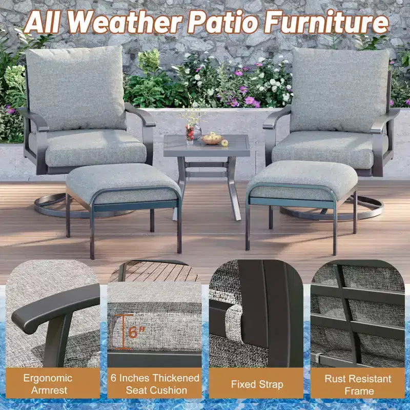 EROMMY Outdoor Swivel Rocker Patio Chairs With Ottomans And Coffee Table 5 Pcs Bistro Set