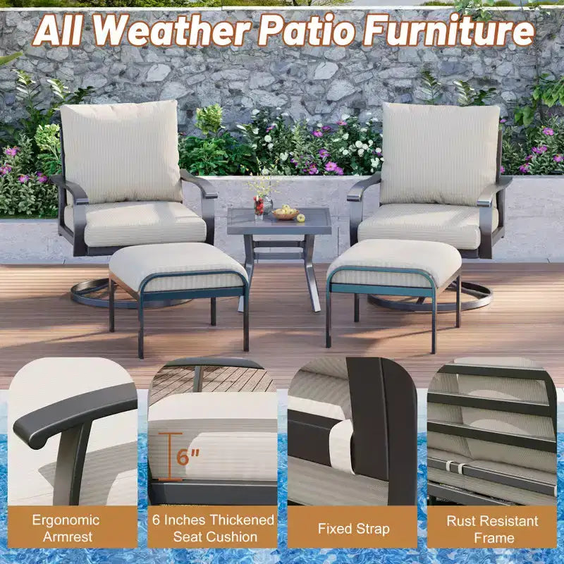 EROMMY Outdoor Swivel Rocker Patio Chairs With Ottomans And Coffee Table 5 Pcs Bistro Set