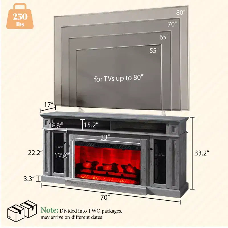 AMERLIFE Farmhouse Heavy Fireplace TV Stand with 33 Electric Fireplace, for 80 TVs up
