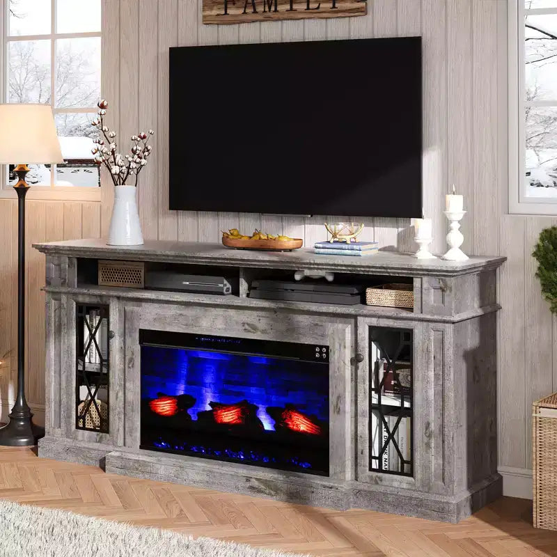 AMERLIFE Farmhouse Heavy Fireplace TV Stand with 33 Electric Fireplace, for 80 TVs up
