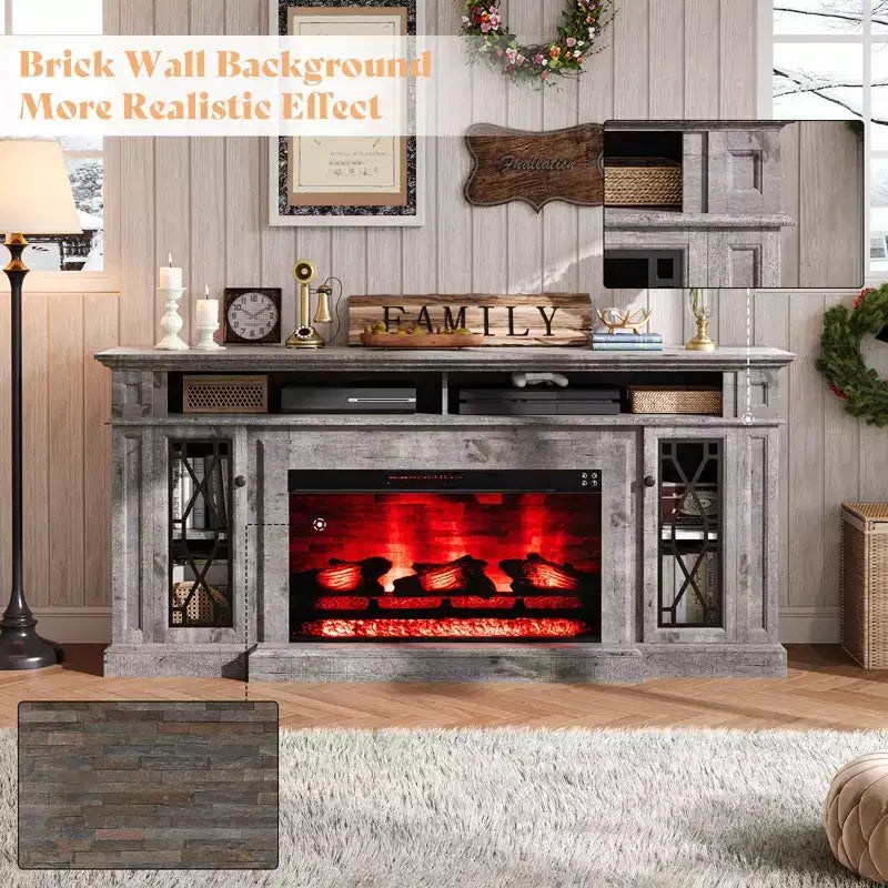 AMERLIFE Farmhouse Heavy Fireplace TV Stand with 33 Electric Fireplace, for 80 TVs up