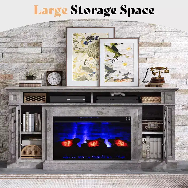 AMERLIFE Farmhouse Heavy Fireplace TV Stand with 33 Electric Fireplace, for 80 TVs up
