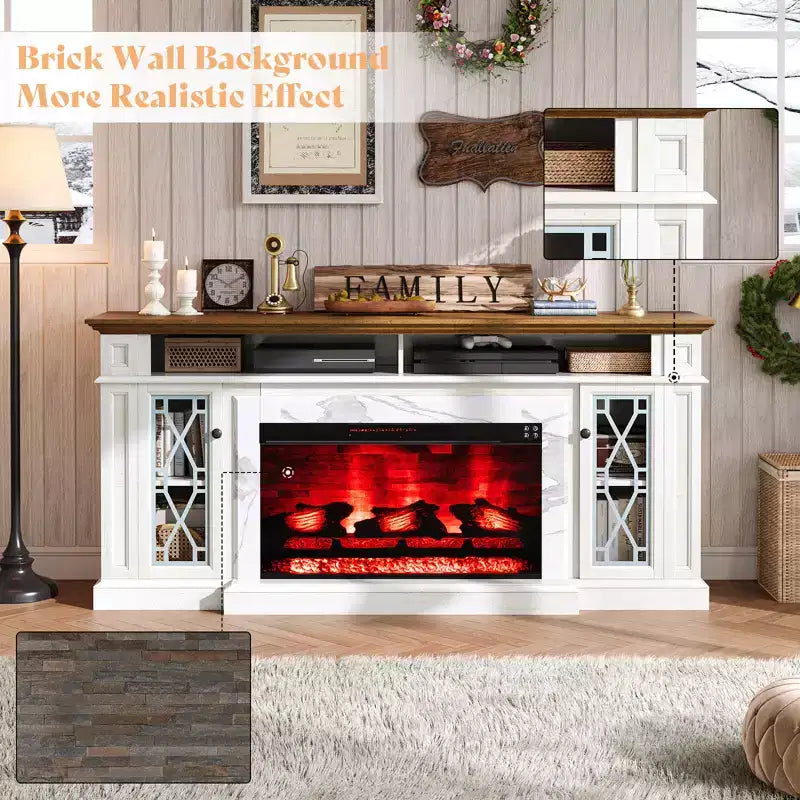 AMERLIFE Farmhouse Heavy Fireplace TV Stand with 33 Electric Fireplace, for 80 TVs up