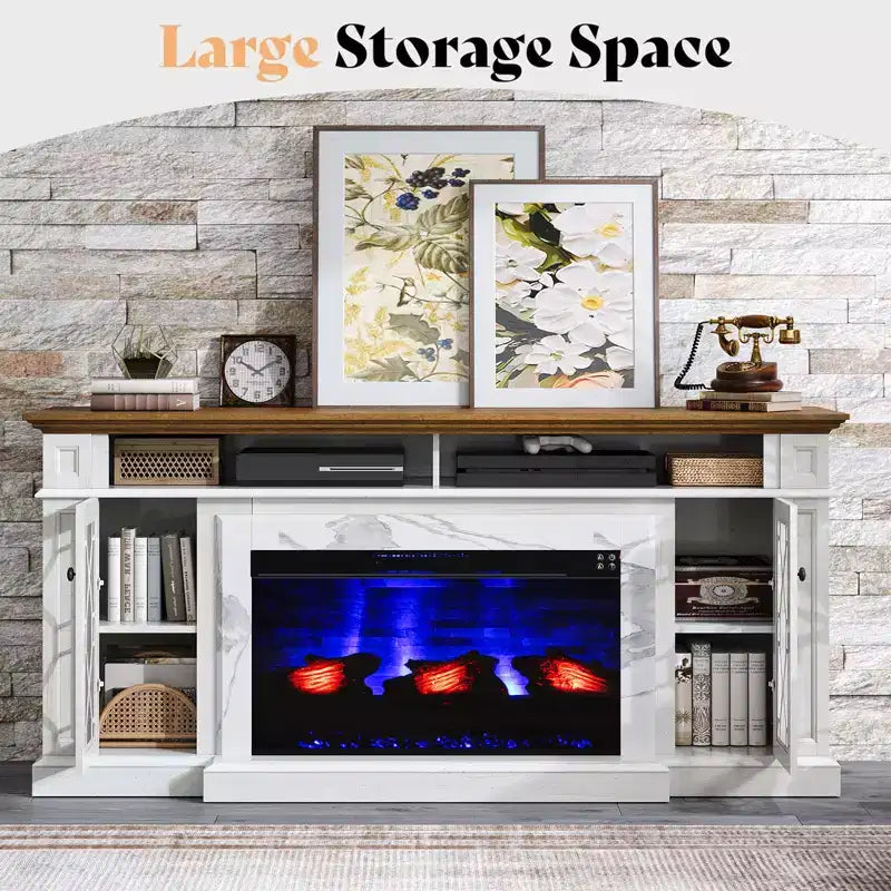 AMERLIFE Farmhouse Heavy Fireplace TV Stand with 33 Electric Fireplace, for 80 TVs up
