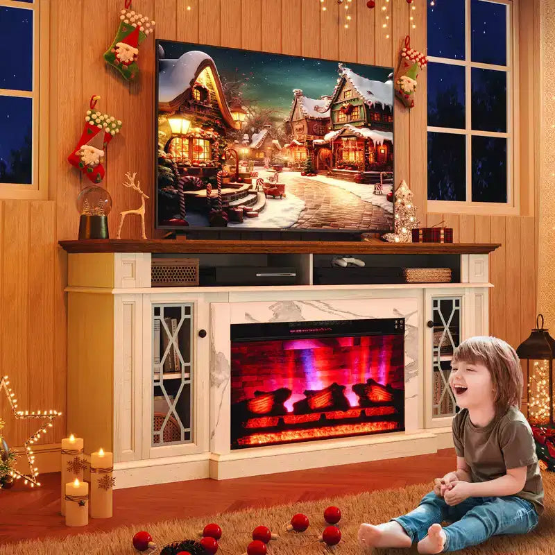 AMERLIFE Farmhouse Heavy Fireplace TV Stand with 33 Electric Fireplace, for 80 TVs up