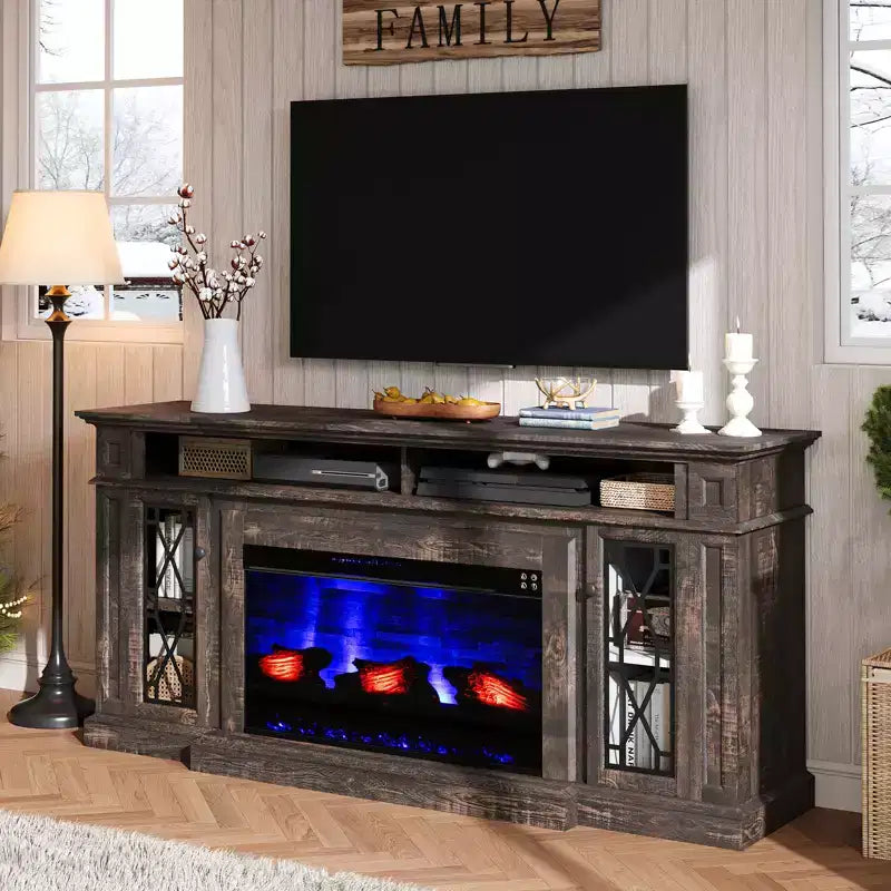 AMERLIFE Farmhouse Heavy Fireplace TV Stand with 33 Electric Fireplace, for 80 TVs up