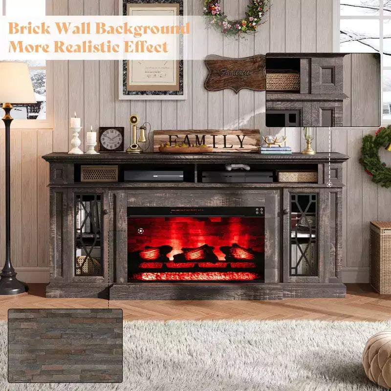 AMERLIFE Farmhouse Heavy Fireplace TV Stand with 33 Electric Fireplace, for 80 TVs up