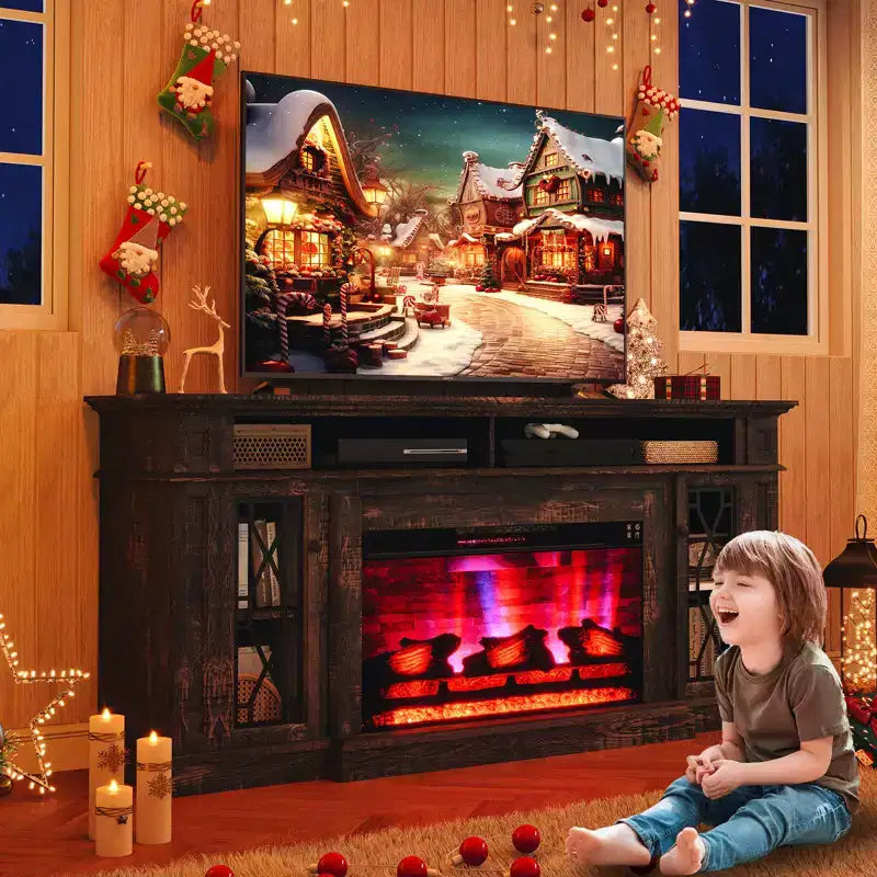 AMERLIFE Farmhouse Heavy Fireplace TV Stand with 33 Electric Fireplace, for 80 TVs up