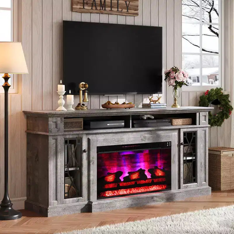 AMERLIFE Farmhouse Heavy Fireplace TV Stand with 33 Electric Fireplace, for 80 TVs up