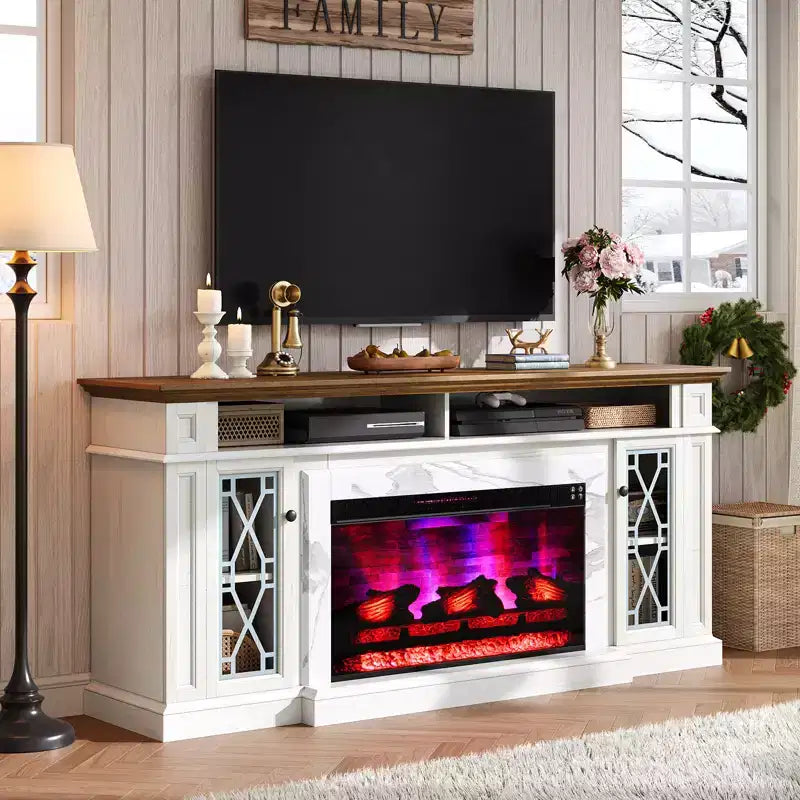 AMERLIFE Farmhouse Heavy Fireplace TV Stand with 33 Electric Fireplace, for 80 TVs up