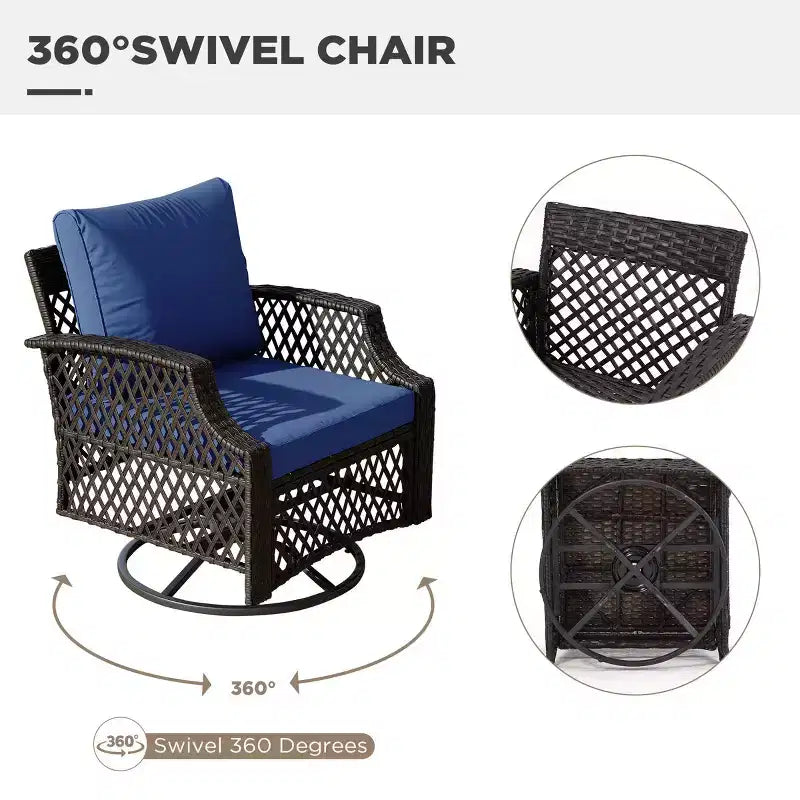 EROMMY 3 Piece Outdoor Swivel Chair Set, Wicker Patio Bistro Set With Thickened 25D Cushions And Glass Coffee Table
