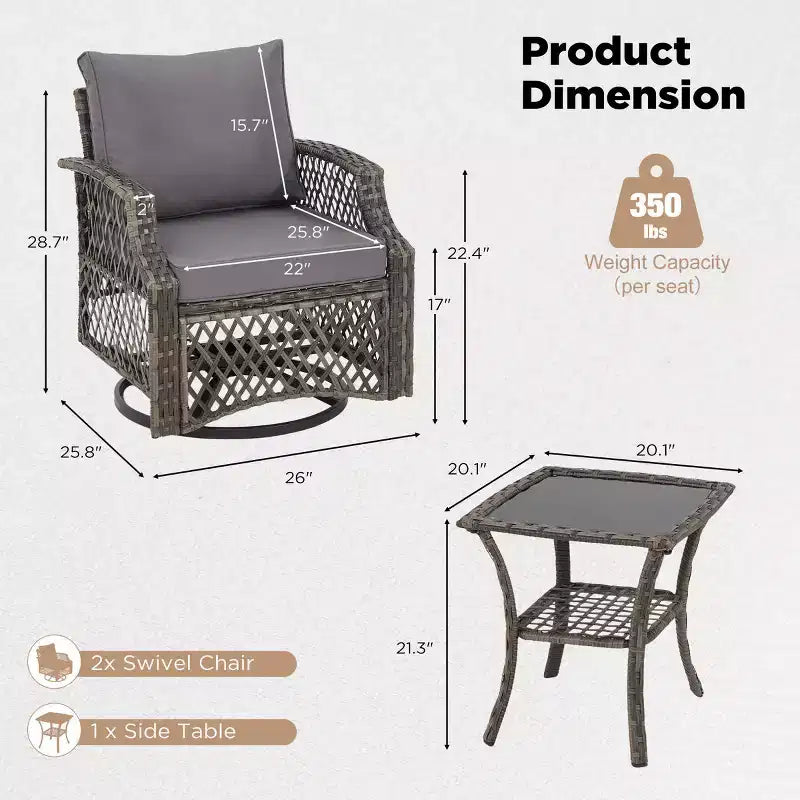 EROMMY 3 Piece Outdoor Swivel Chair Set, Wicker Patio Bistro Set With Thickened 25D Cushions And Glass Coffee Table