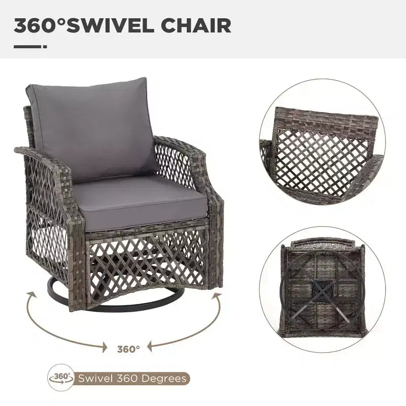 EROMMY 3 Piece Outdoor Swivel Chair Set, Wicker Patio Bistro Set With Thickened 25D Cushions And Glass Coffee Table