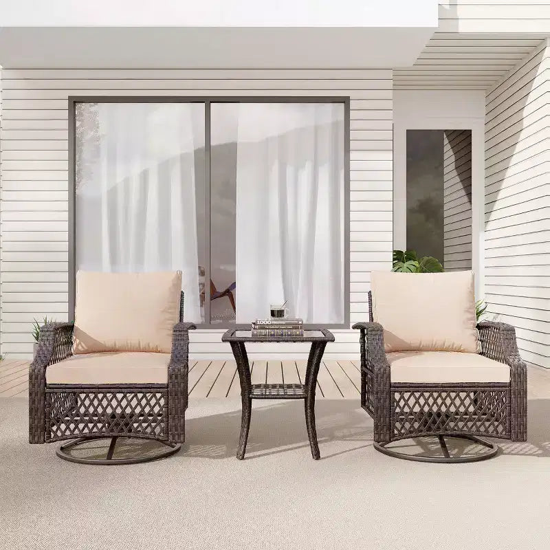 EROMMY 3 Piece Outdoor Swivel Chair Set, Wicker Patio Bistro Set With Thickened 25D Cushions And Glass Coffee Table