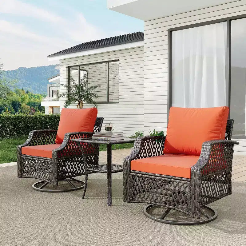 EROMMY 3 Piece Outdoor Swivel Chair Set, Wicker Patio Bistro Set With Thickened 25D Cushions And Glass Coffee Table