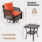 EROMMY 3 Piece Outdoor Swivel Chair Set, Wicker Patio Bistro Set With Thickened 25D Cushions And Glass Coffee Table