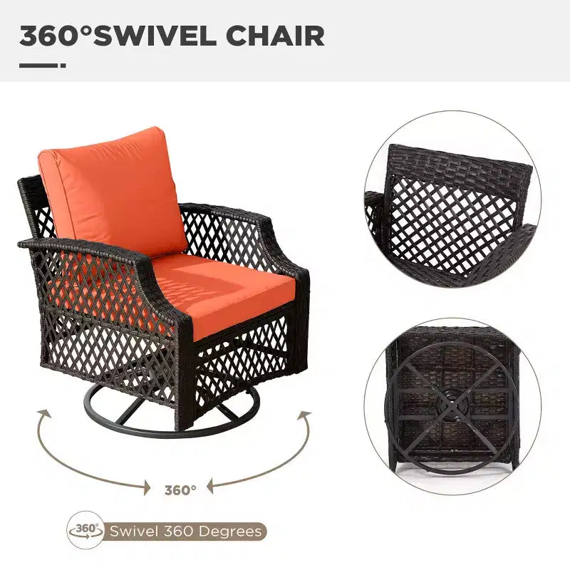 EROMMY 3 Piece Outdoor Swivel Chair Set, Wicker Patio Bistro Set With Thickened 25D Cushions And Glass Coffee Table