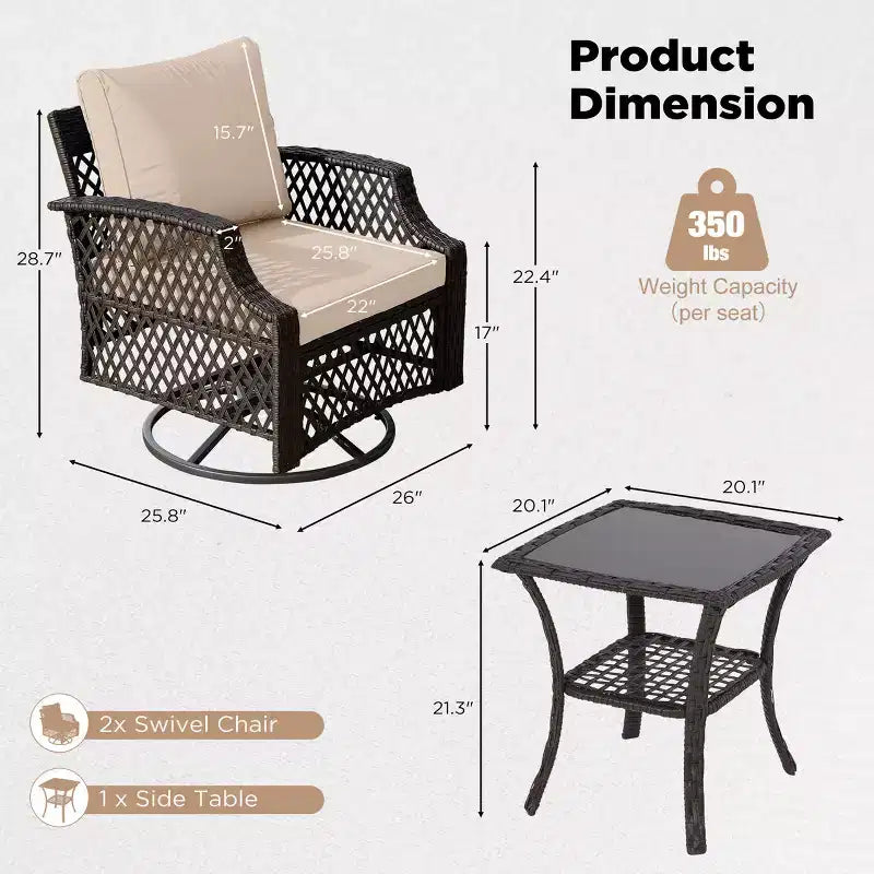 EROMMY 3 Piece Outdoor Swivel Chair Set, Wicker Patio Bistro Set With Thickened 25D Cushions And Glass Coffee Table