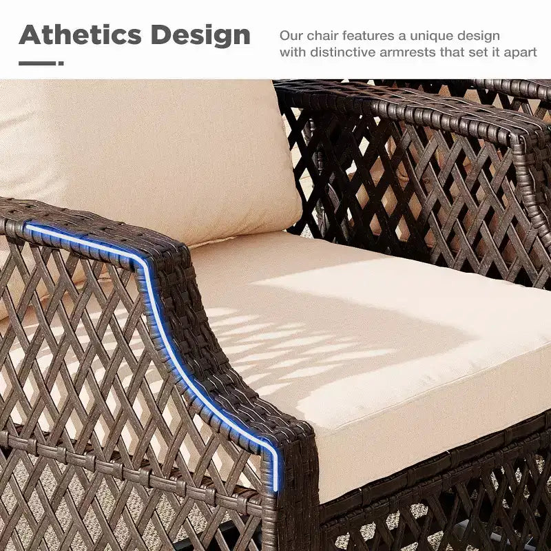 EROMMY 3 Piece Outdoor Swivel Chair Set, Wicker Patio Bistro Set With Thickened 25D Cushions And Glass Coffee Table