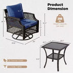 EROMMY 3 Piece Outdoor Swivel Chair Set, Wicker Patio Bistro Set With Thickened 25D Cushions And Glass Coffee Table