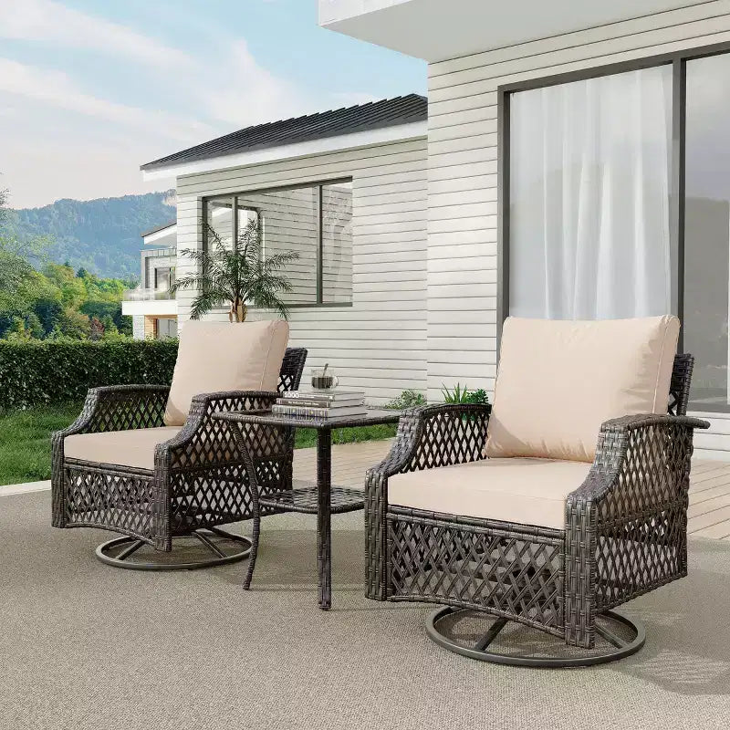 EROMMY 3 Piece Outdoor Swivel Chair Set, Wicker Patio Bistro Set With Thickened 25D Cushions And Glass Coffee Table