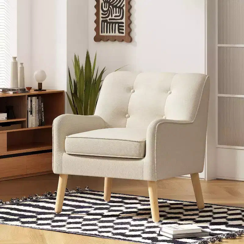 Okak Modern Mid-Century Accent Chairs for Bedroom, Tufted Fabric Accent Chair with Solid Wood Legs for Living Room