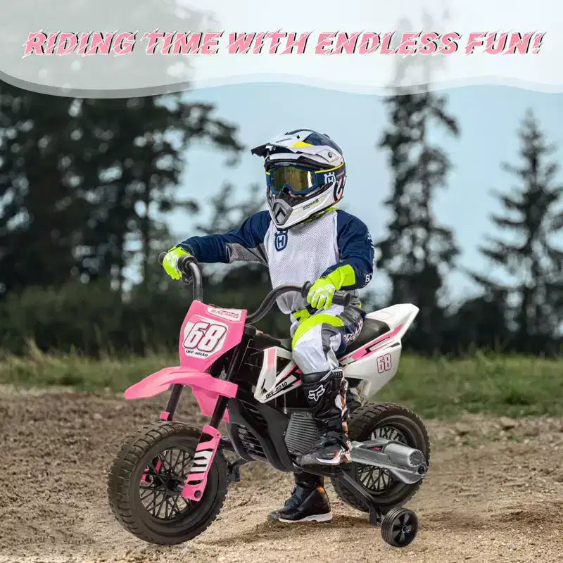 Acekool 12V Electric Dirt Bike Kids Motorcycle with Dual 25W Motors, Twist Throttle, Training Wheels & Suspension, Ride-On Toy for Ages 3+