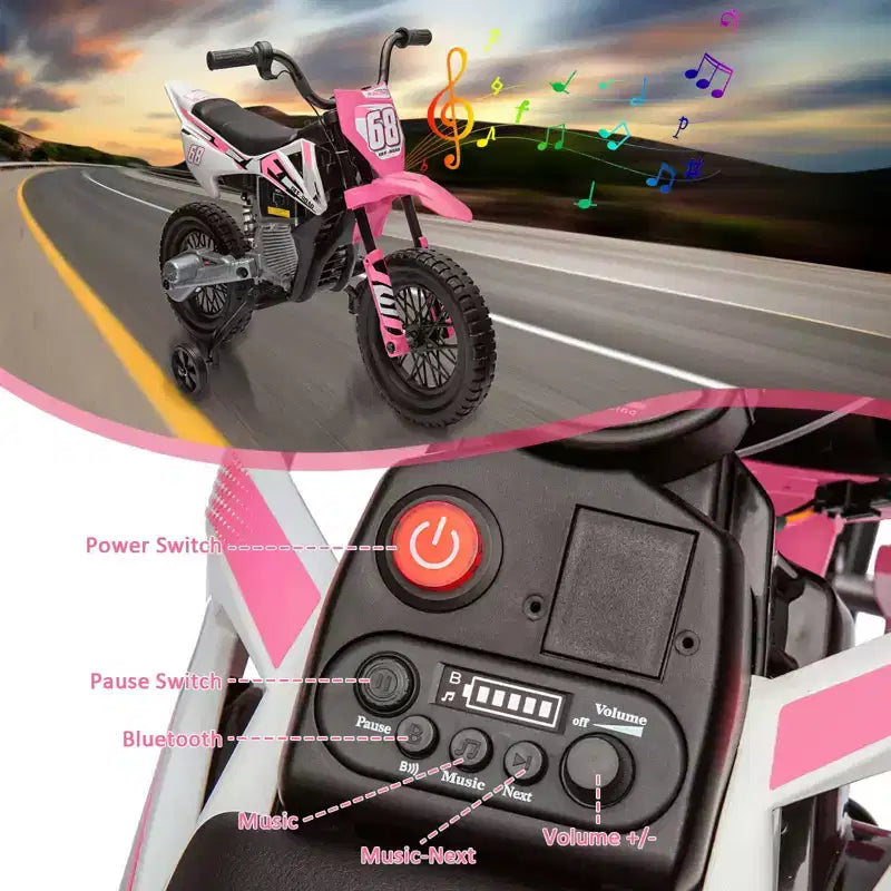 Acekool 12V Electric Dirt Bike Kids Motorcycle with Dual 25W Motors, Twist Throttle, Training Wheels & Suspension, Ride-On Toy for Ages 3+