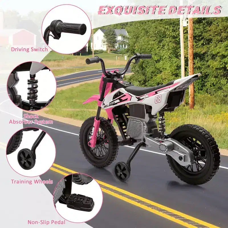 Acekool 12V Electric Dirt Bike Kids Motorcycle with Dual 25W Motors, Twist Throttle, Training Wheels & Suspension, Ride-On Toy for Ages 3+
