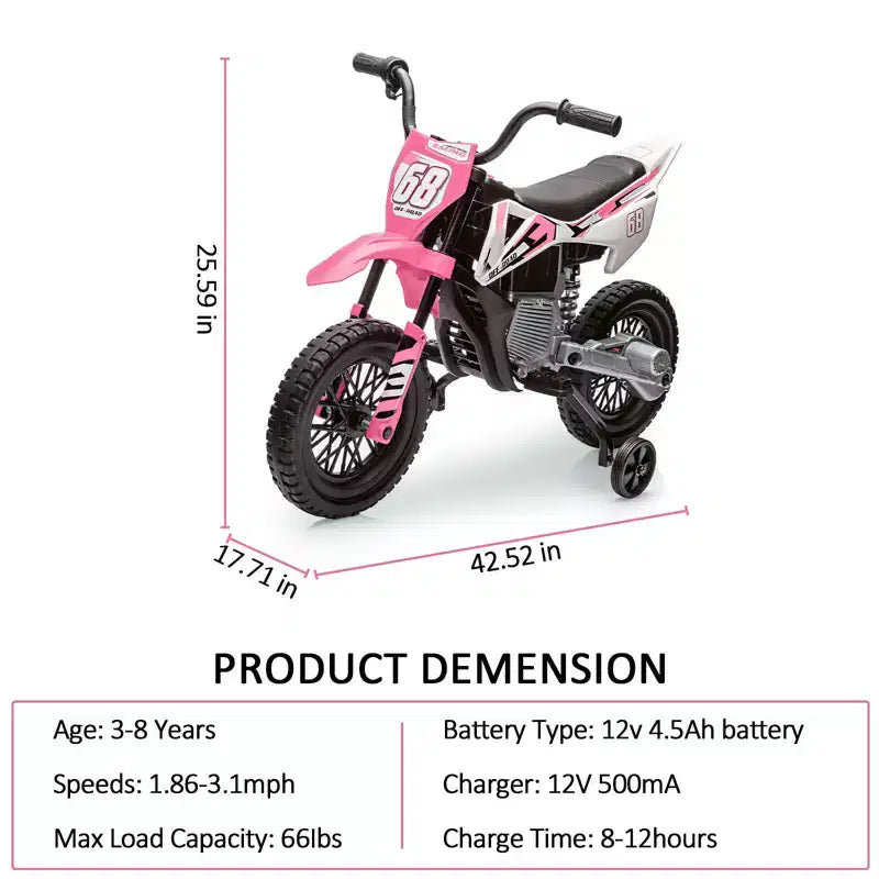 Acekool 12V Electric Dirt Bike Kids Motorcycle with Dual 25W Motors, Twist Throttle, Training Wheels & Suspension, Ride-On Toy for Ages 3+