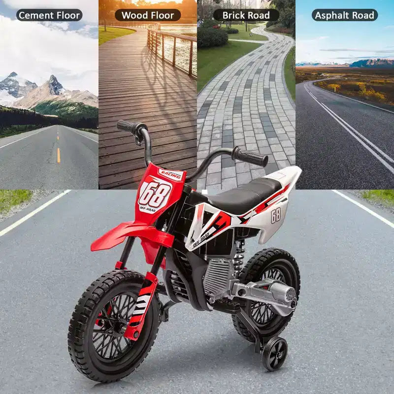 Acekool 12V Electric Dirt Bike Kids Motorcycle with Dual 25W Motors, Twist Throttle, Training Wheels & Suspension, Ride-On Toy for Ages 3+