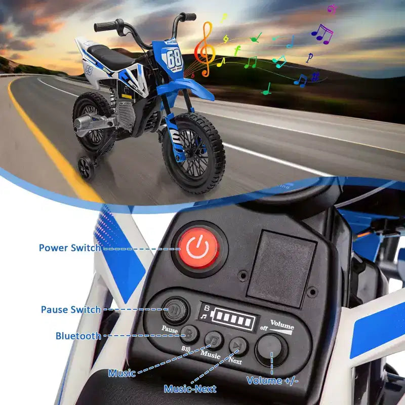 Acekool 12V Electric Dirt Bike Kids Motorcycle with Dual 25W Motors, Twist Throttle, Training Wheels & Suspension, Ride-On Toy for Ages 3+