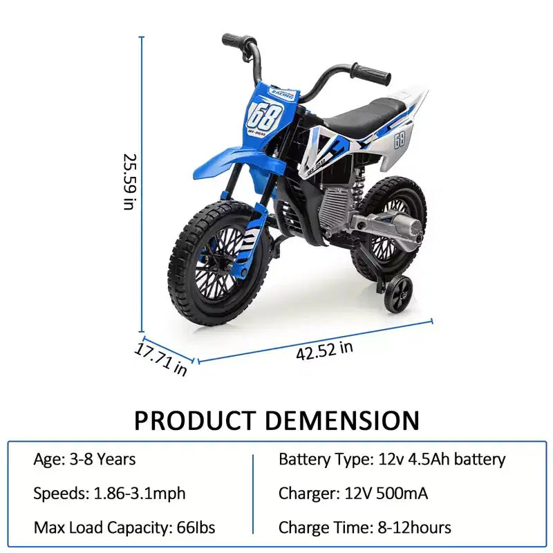 Acekool 12V Electric Dirt Bike Kids Motorcycle with Dual 25W Motors, Twist Throttle, Training Wheels & Suspension, Ride-On Toy for Ages 3+