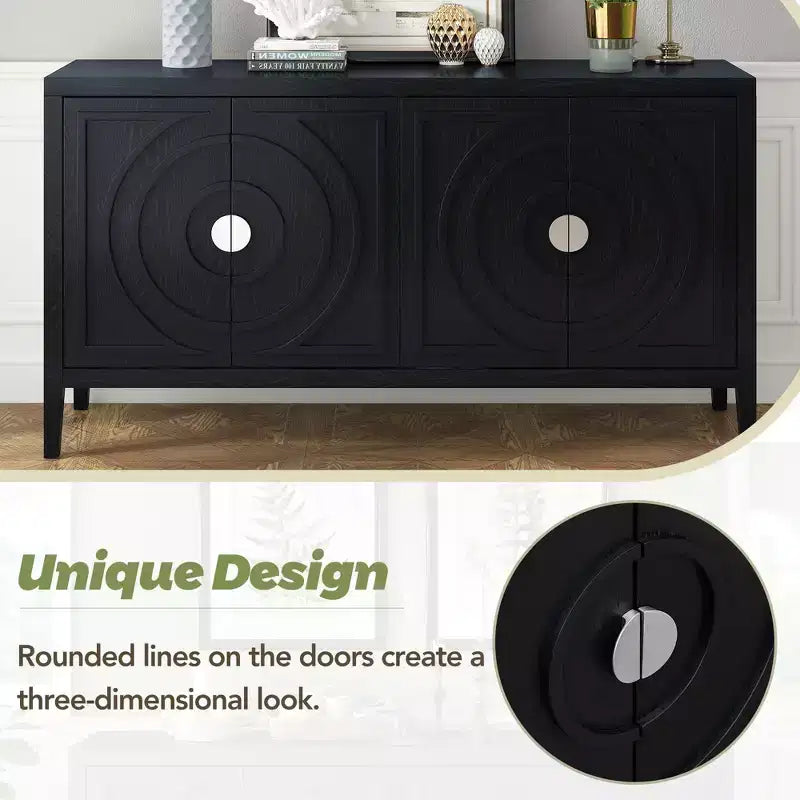 Retro Sideboard door with Circular Groove Design Round Metal Door Handle for Entrance, Dinning Room, Living Room (Black)
