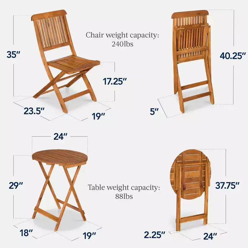 Best Choice Products 3-Piece Acacia Wood Bistro Set, Folding Patio Furniture w/ 2 Chairs, Table
