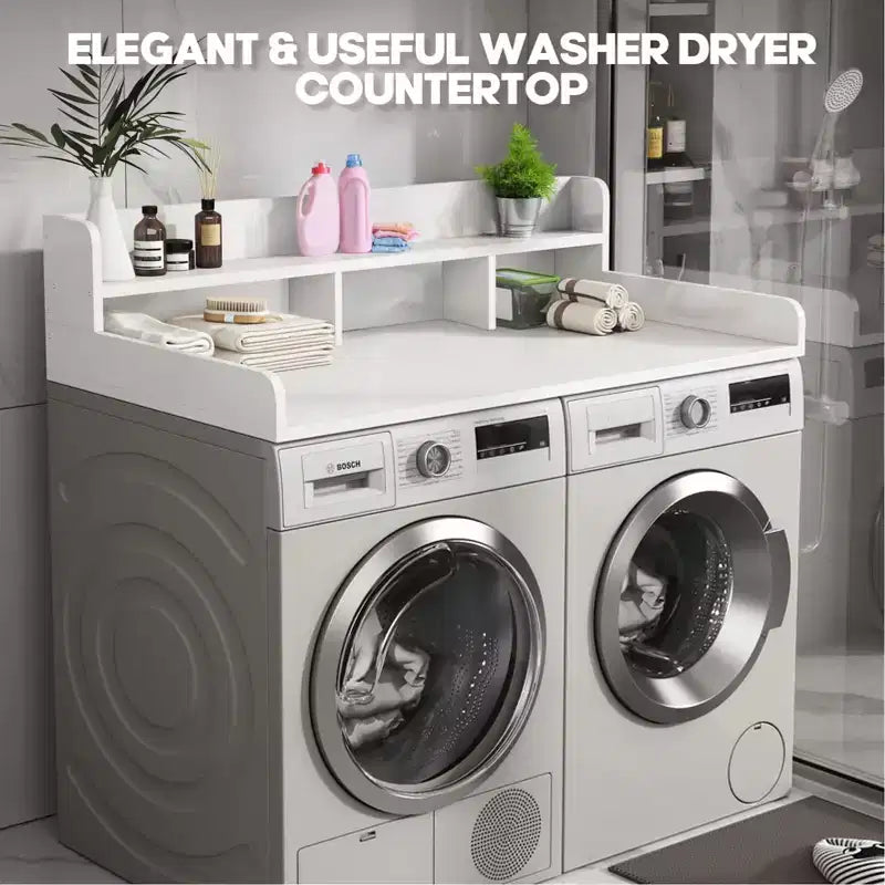 Washer Dryer Countertop, Laundry Countertop Wwith 2-Tier Storage Shelf & Edge Rails, Laundry Over Washing Top Protector for Washer and Dryer